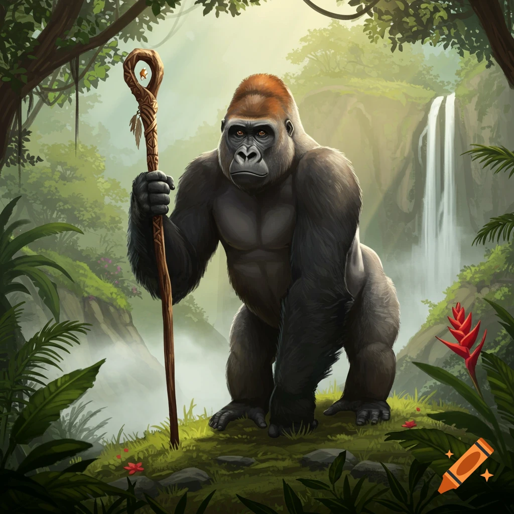 An illustrated gorilla holding a wooden staff stands in a vibrant jungle with a waterfall.