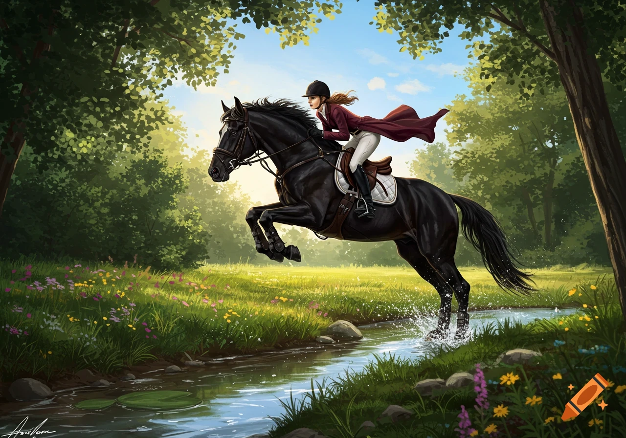 A black horse with a female rider in a red coat jumps over a stream in a vibrant, sunlit forest clearing with wildflowers, digital painting.