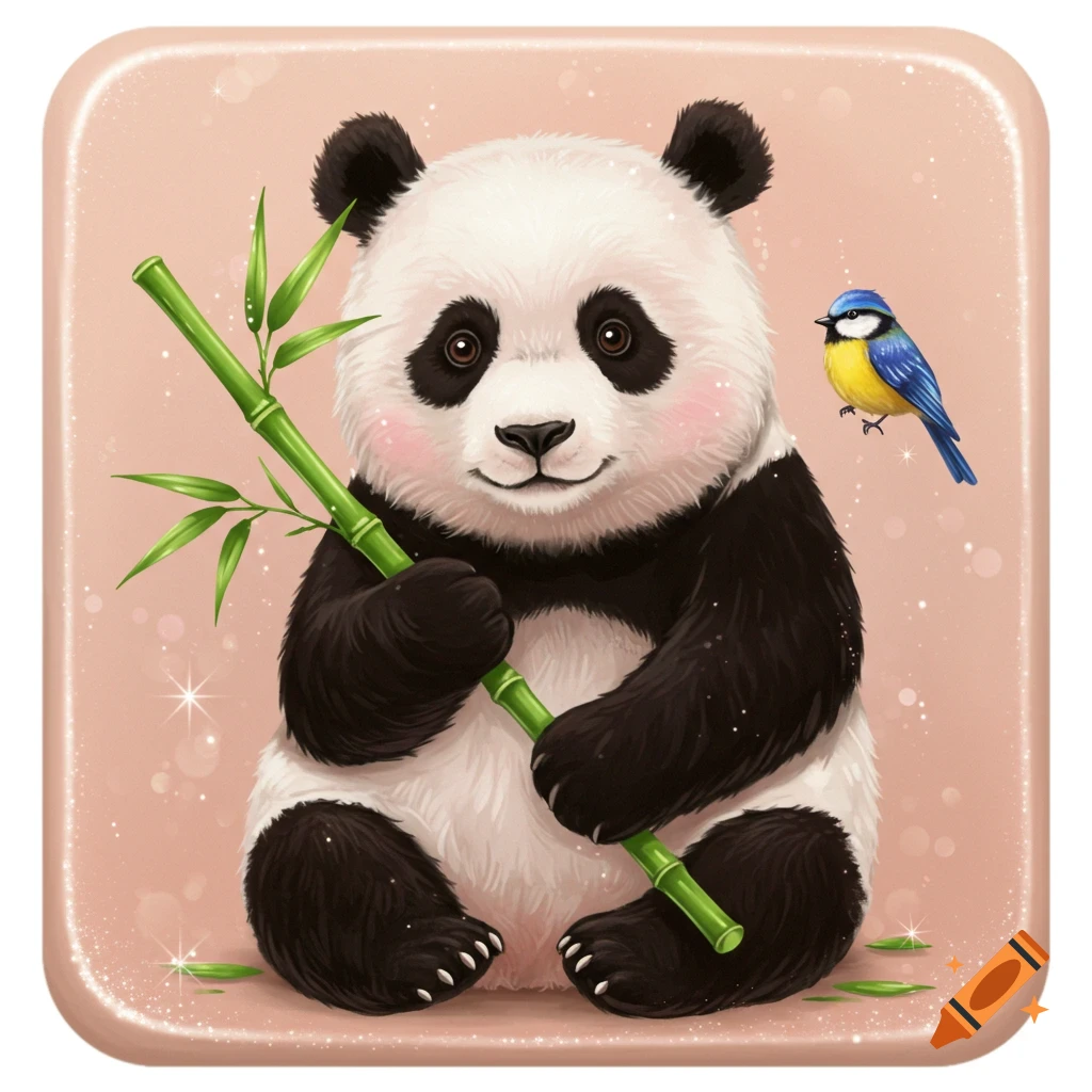 A cute cartoon panda holds a bamboo stalk while a blue and yellow bird perches nearby on a sparkly pink background.