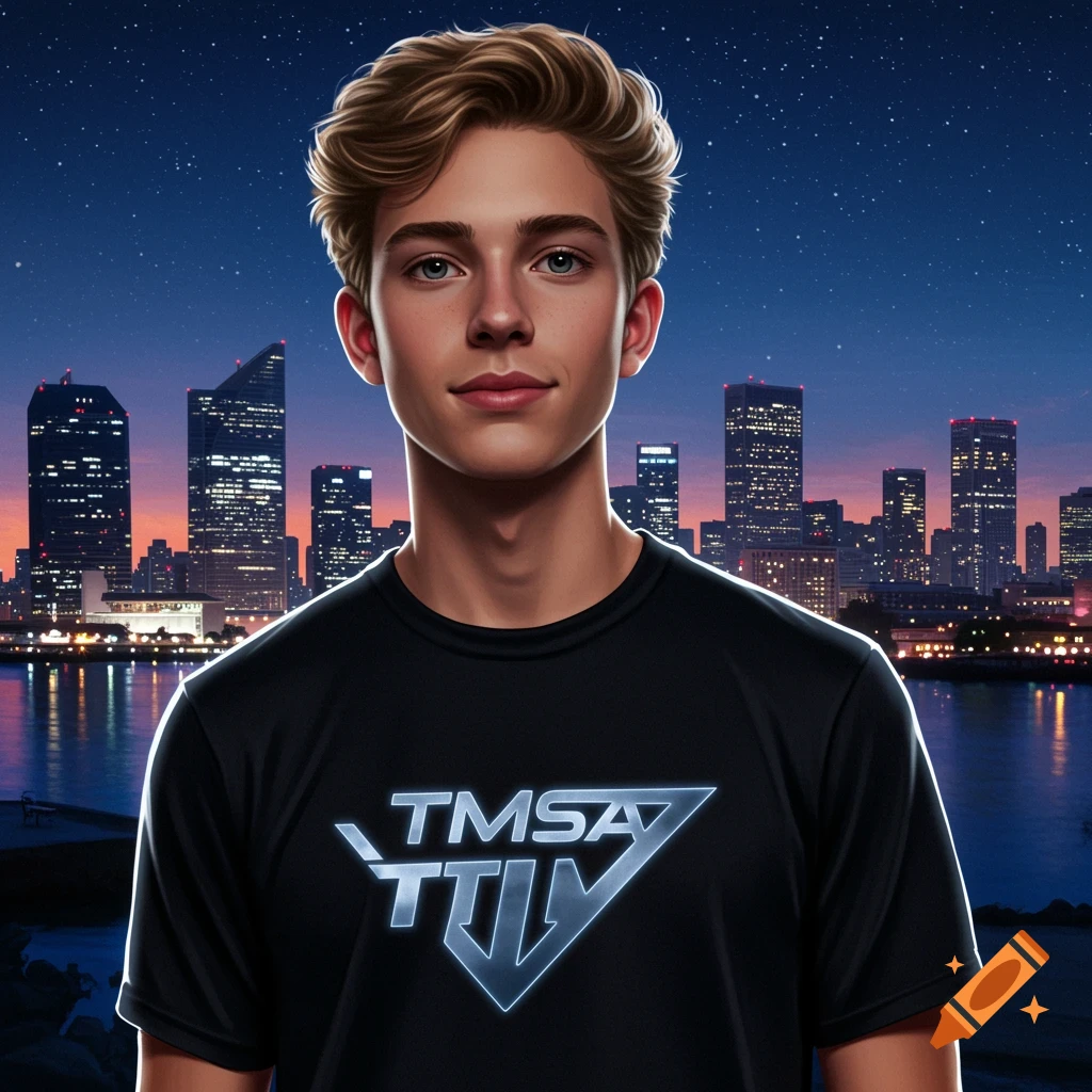 Digital art portrait of a young man with blonde hair in a black 'TMSA TTIV' t-shirt, against a night city skyline.