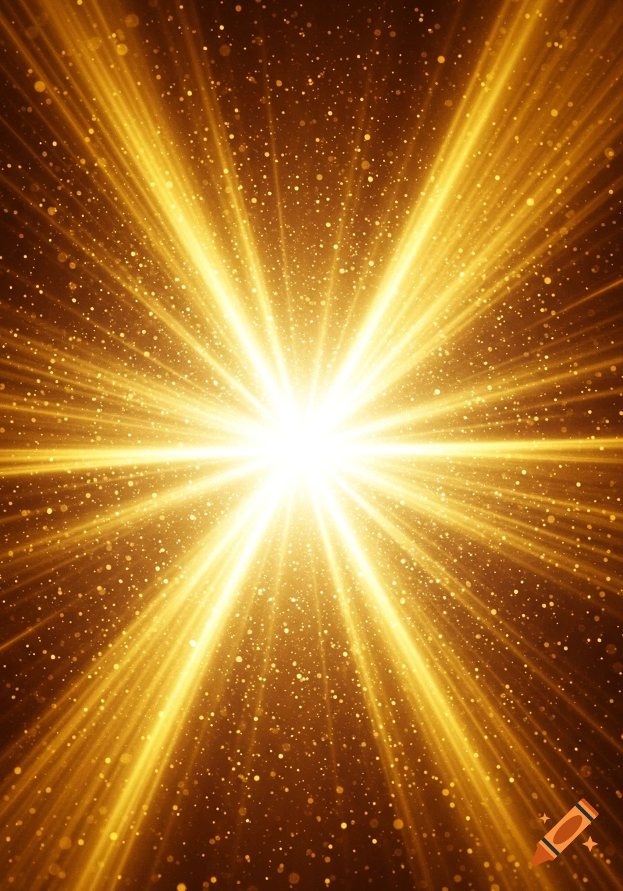 Bright golden light rays bursting from the center with sparkling particles on a dark background.