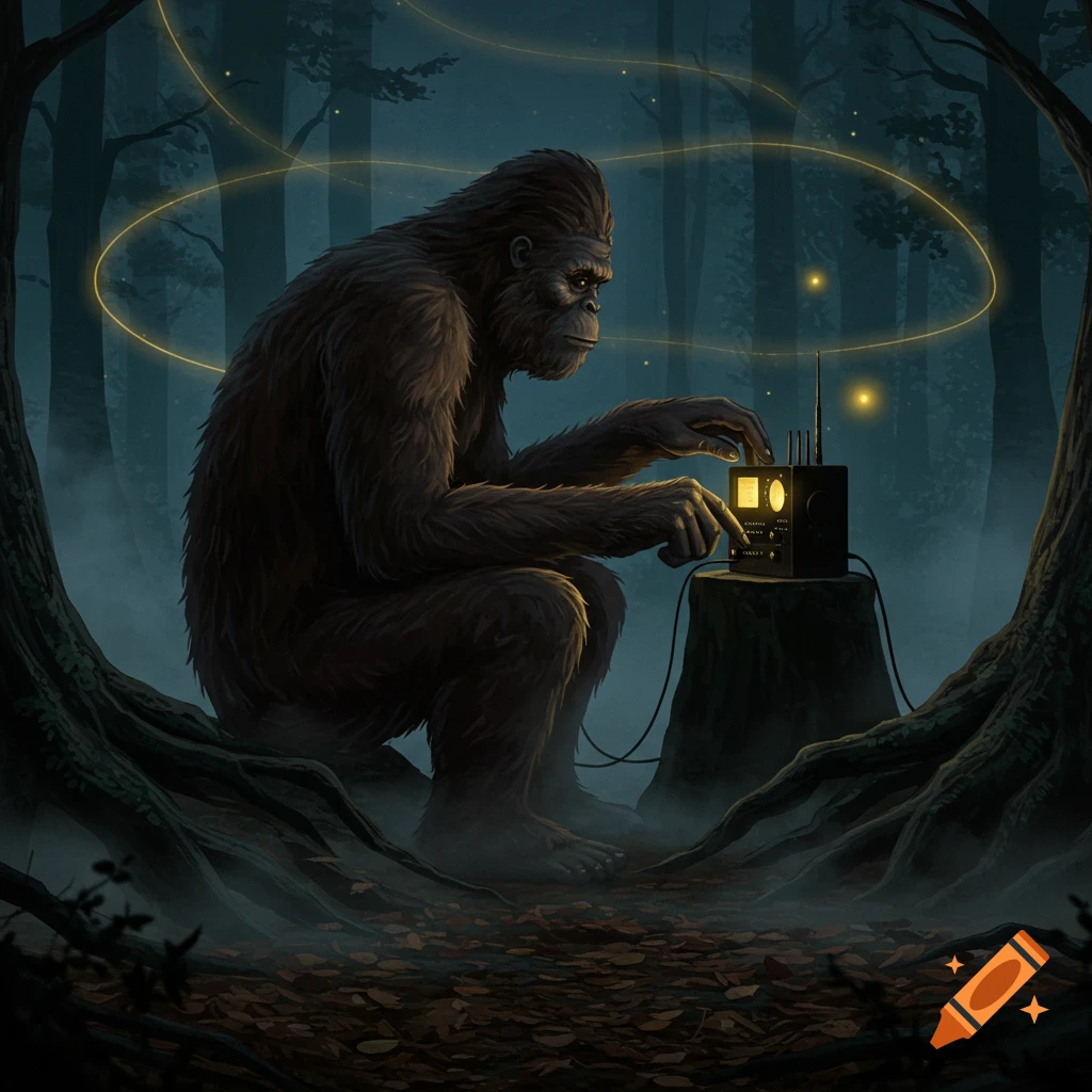 A large, hairy Bigfoot squats in a misty, dark forest, intently operating a vintage radio that glows with a faint light, with ethereal golden rings floating above.
