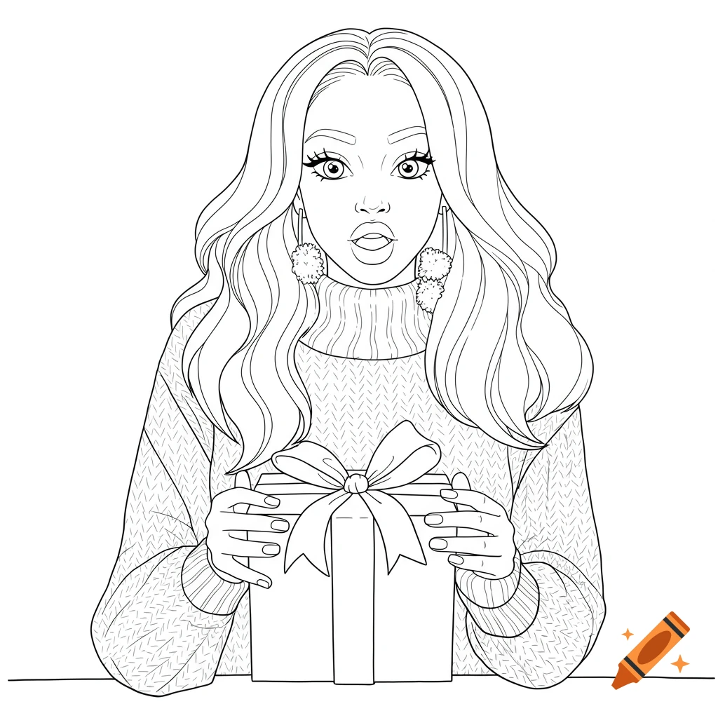 Line art illustration of a surprised woman in a sweater holding a gift, suitable for coloring.
