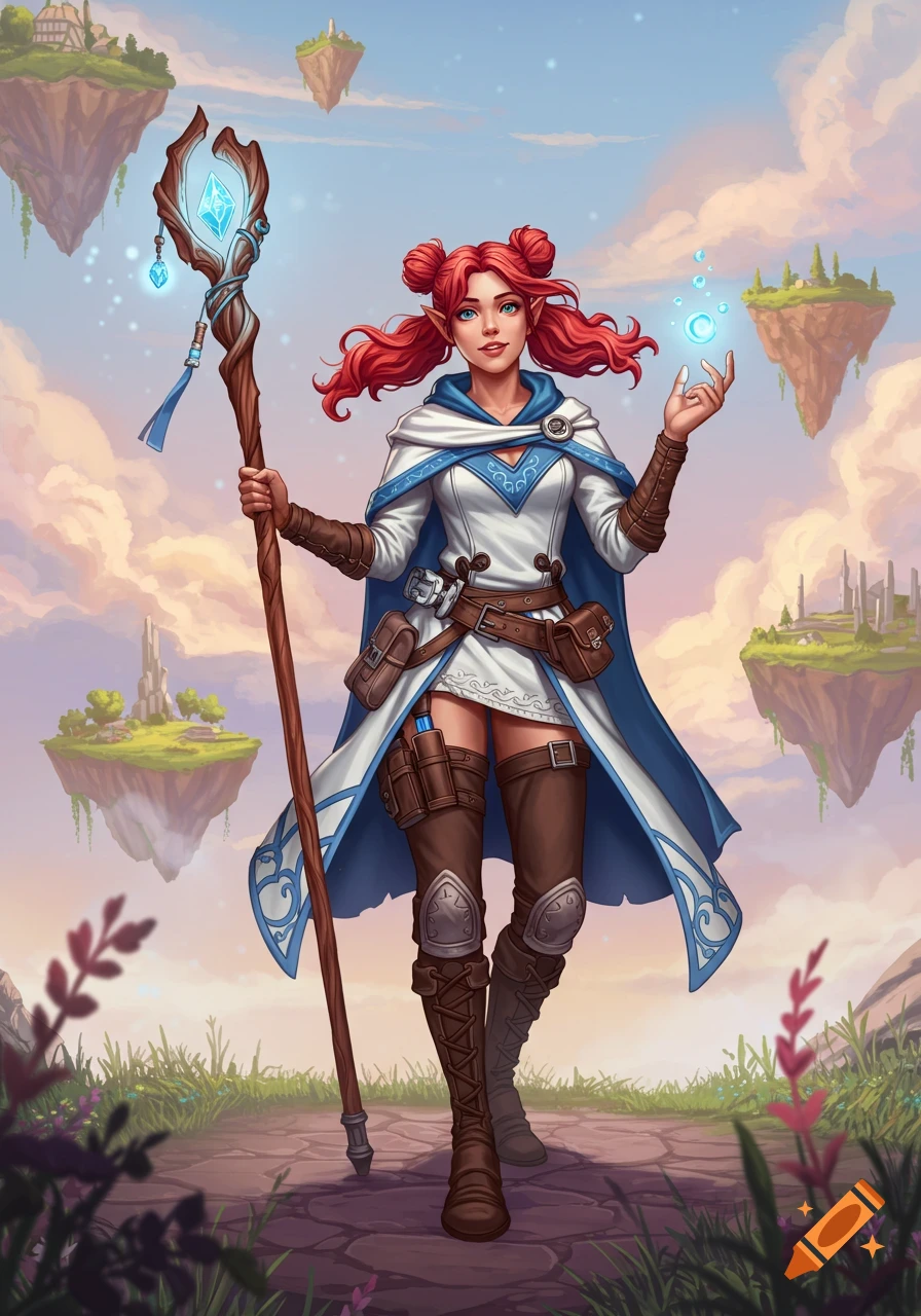 Anime illustration of a red-haired elf mage with a glowing staff and magic, standing on a path in a fantasy landscape with floating islands.