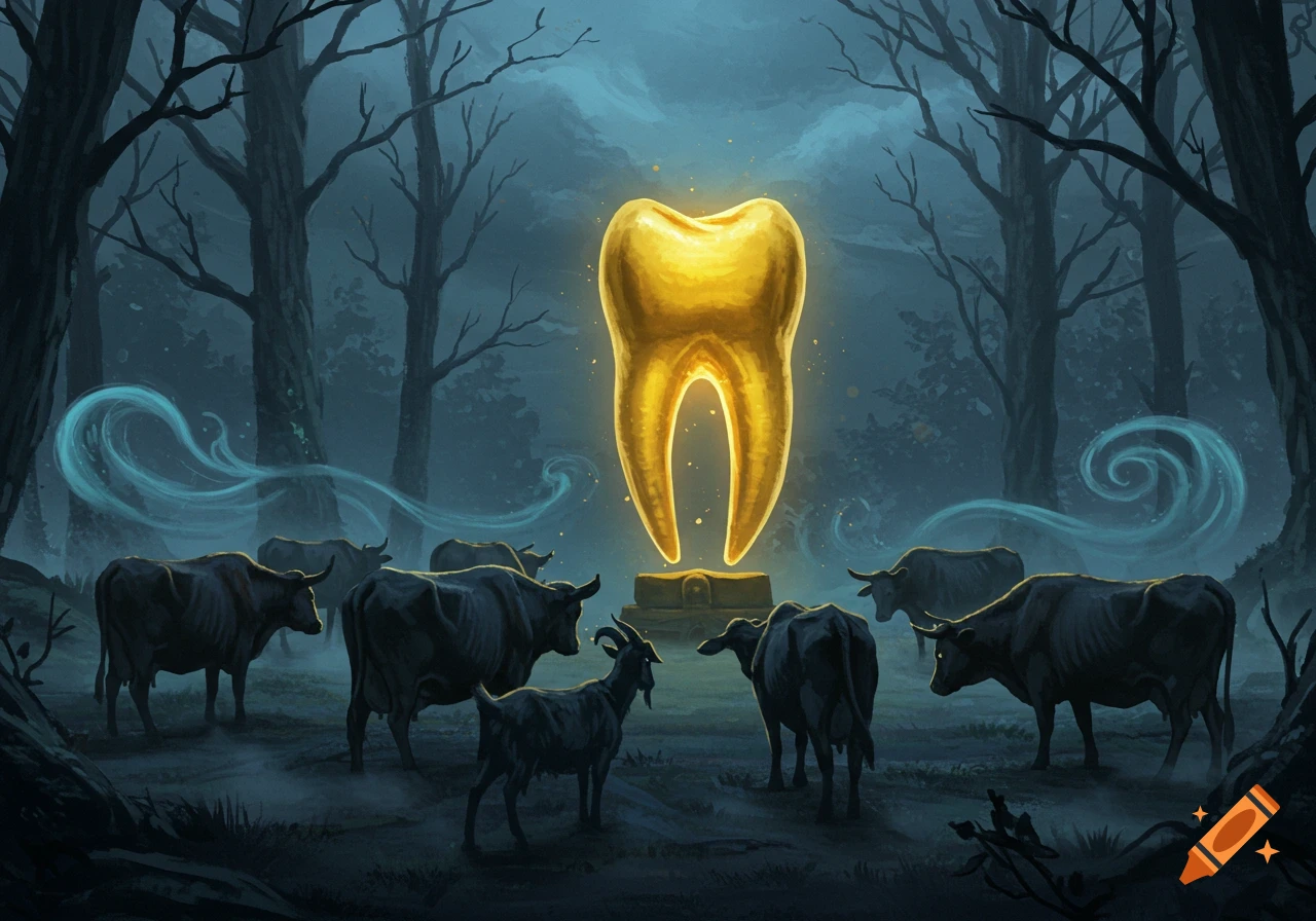 A gothic art illustration of dark cows and a goat bowing before a glowing golden tooth idol in a misty forest.