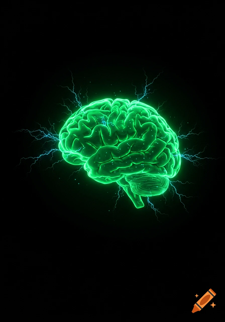 A glowing green brain with blue lightning and faint sparks on a black background.