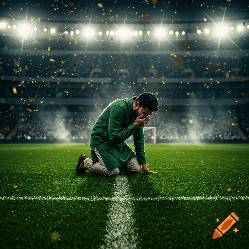 Indian man in a green kurta kneeling on a football pitch, covering his face in a stadium under bright lights with confetti falling.
