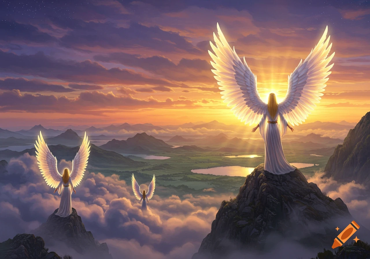 Three angels with large glowing white wings stand on mountain peaks above clouds at sunset, overlooking a vast landscape.