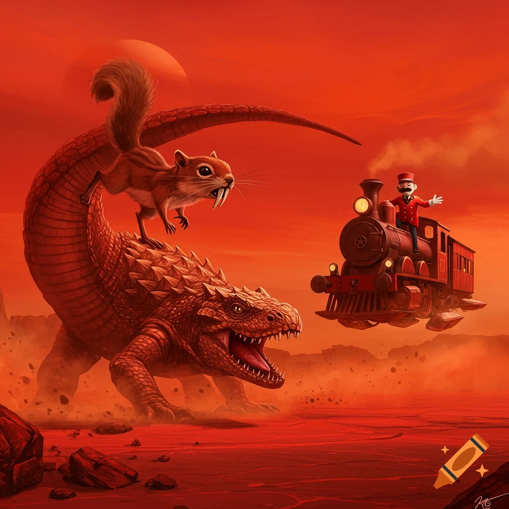 A sabertoothed squirrel rides a giant lizard monster on a red planet, while a train conductor floats in a train.
