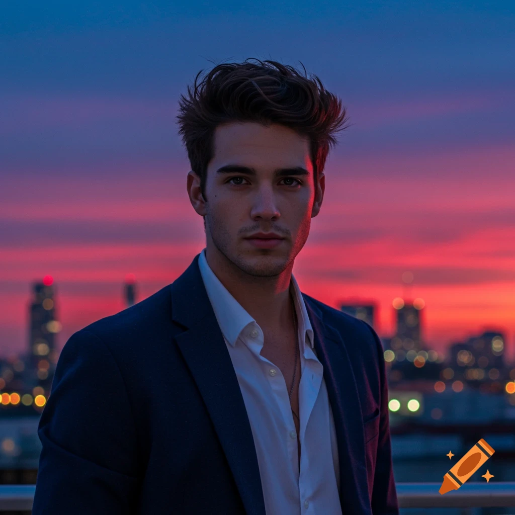 A photorealistic portrait of a man in a dark suit and white shirt, standing against a vibrant sunset cityscape.