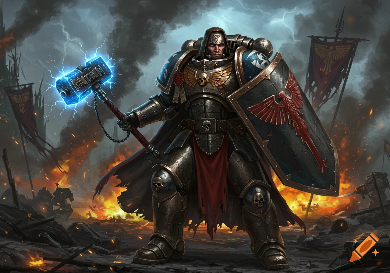 A heavily armored Warhammer 40k-style warrior with a glowing power hammer and shield stands on a fiery battlefield.