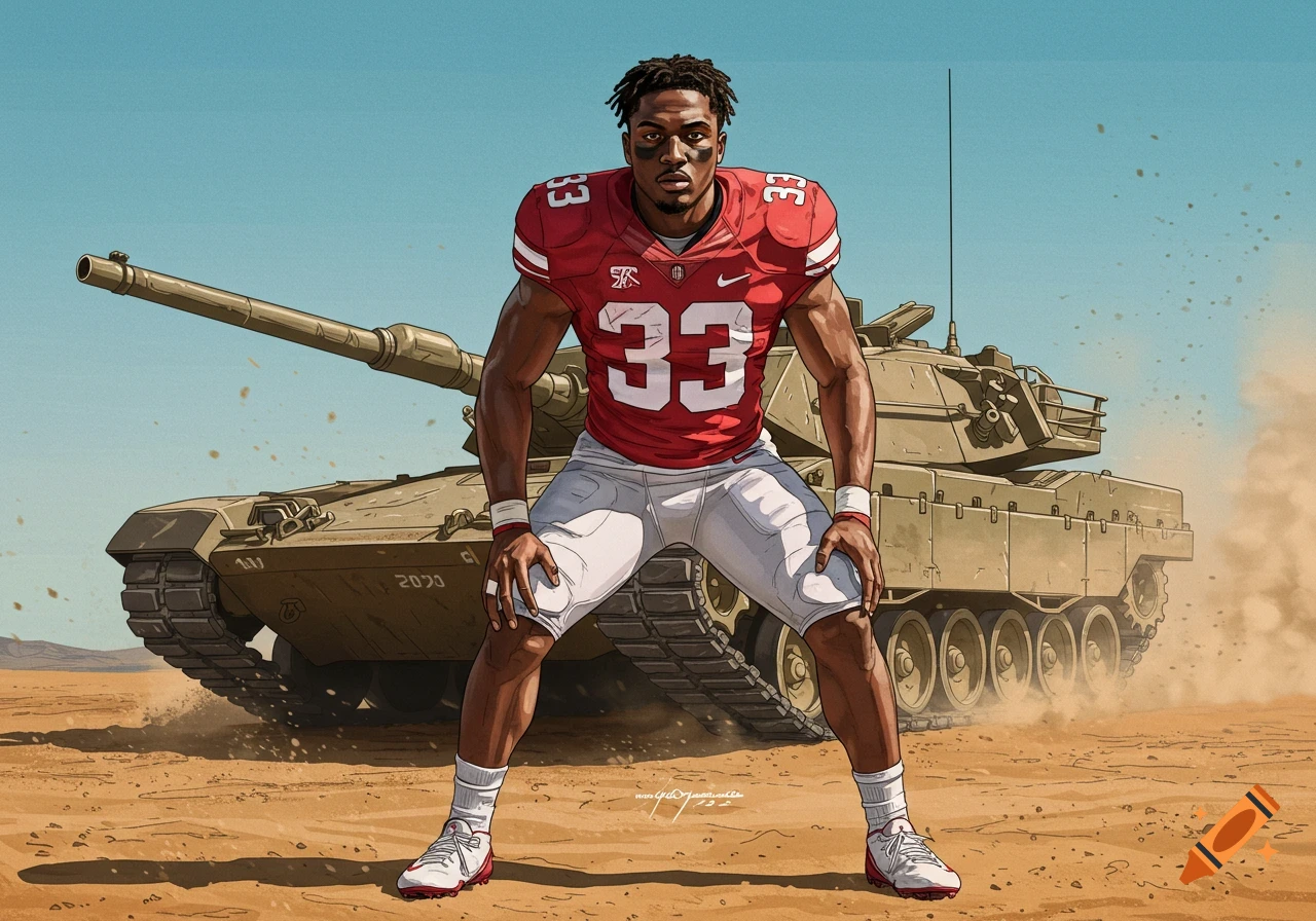 An American football player in a red jersey with number 33, crouching in a desert landscape in front of a large military tank, in an illustrated style.