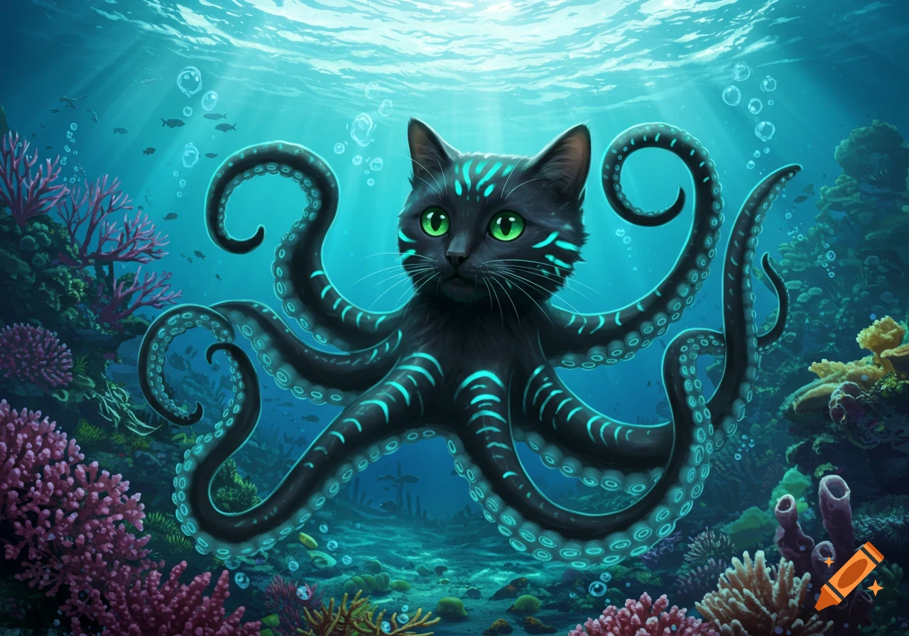 A black cat with glowing green eyes and blue bioluminescent stripes has an octopus body, swimming amidst colorful coral reefs underwater.