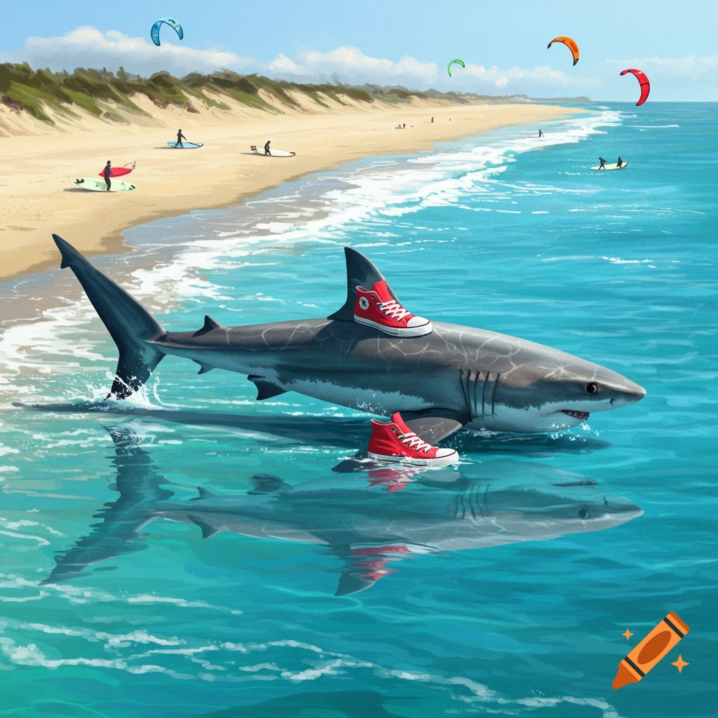 A great white shark swims in clear blue water with red sneakers on its back, near a sunny beach with people.