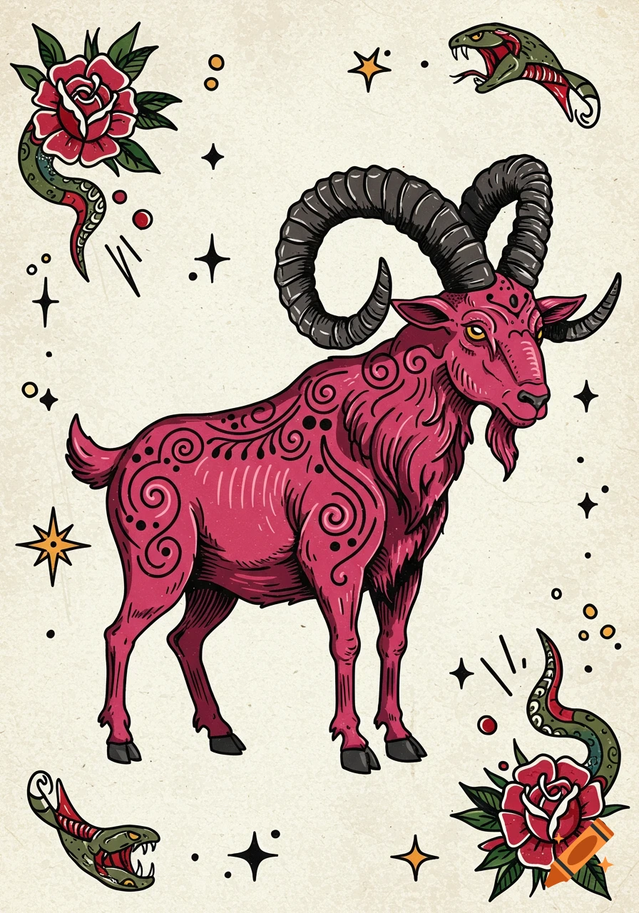 American traditional tattoo style illustration of a pink goat with large horns, surrounded by red roses, snakes, and stars on a textured background.