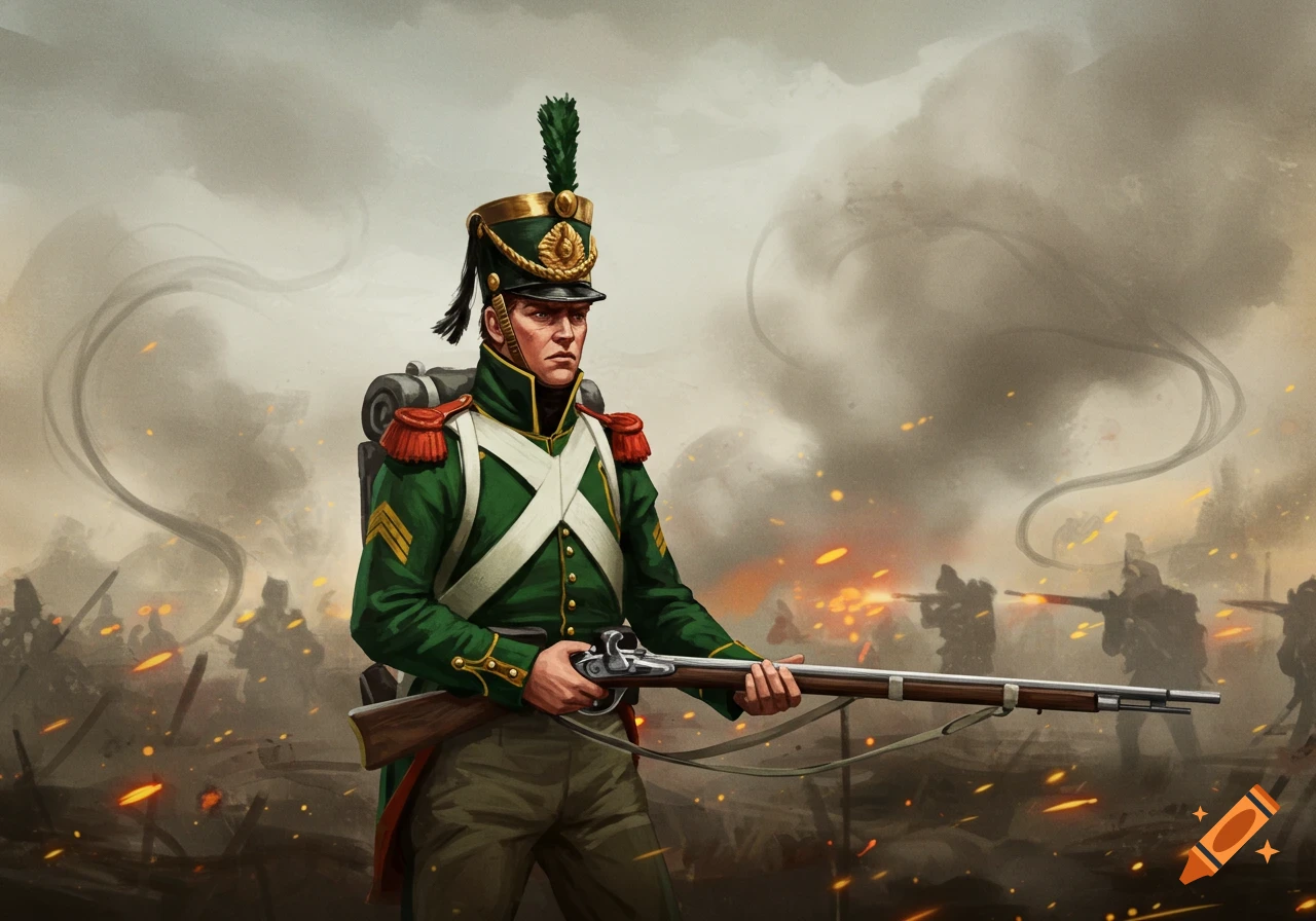 A Napoleonic rifleman in a green uniform and kepi cap stands holding a rifle on a smoky battlefield.