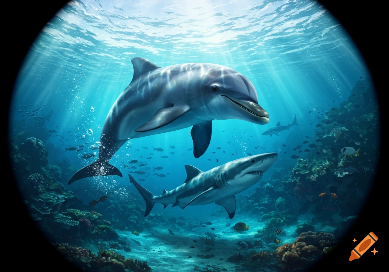 Photorealistic dolphin and shark swim underwater in a vibrant coral reef with sunbeams in blue water.