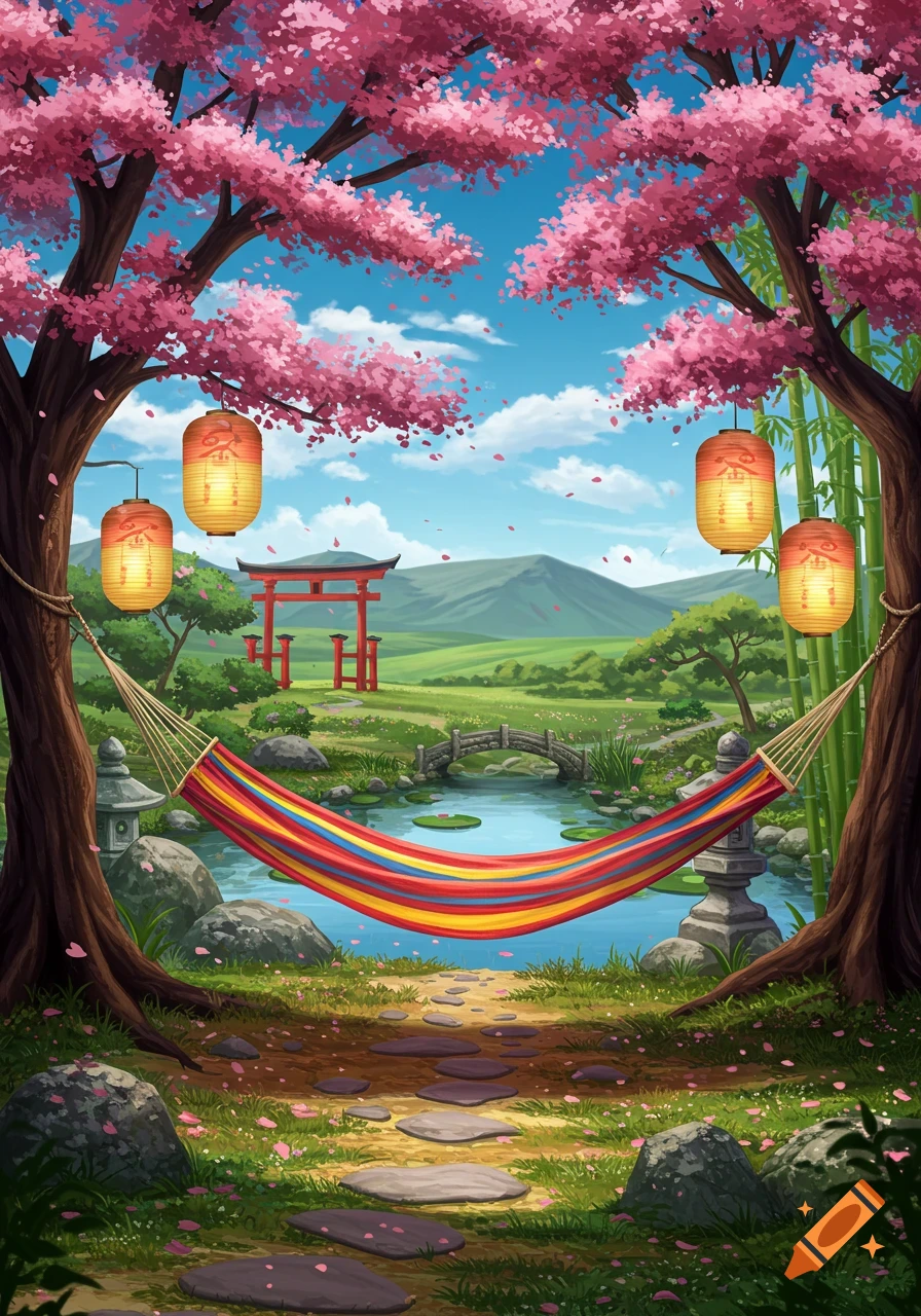 Vibrant Japanese garden with pink cherry blossom trees, a red torii gate, a pond with a bridge, and a colorful striped hammock.
