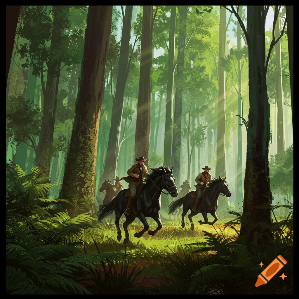 Illustrative painting of cowboys on black horses riding through a dense, sunlit forest.