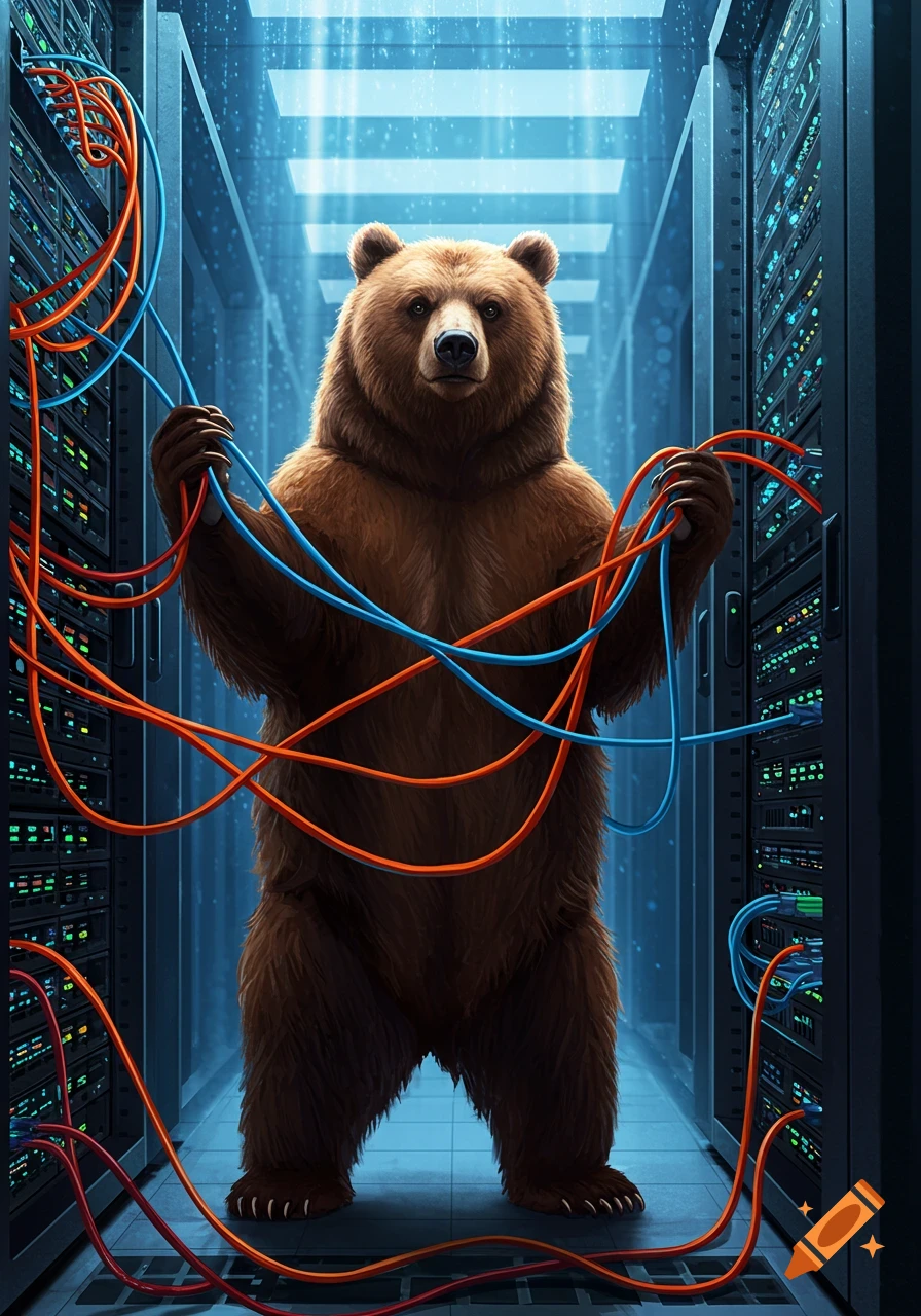 A brown bear stands on its hind legs in a brightly lit server room, holding and surrounded by red and blue network cables connected to towering server racks.