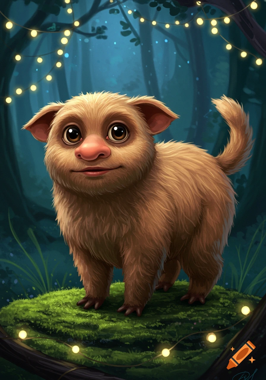 A fluffy brown fantasy creature with big eyes and a human-like pink nose stands on a mossy mound in a dark forest illuminated by string lights.
