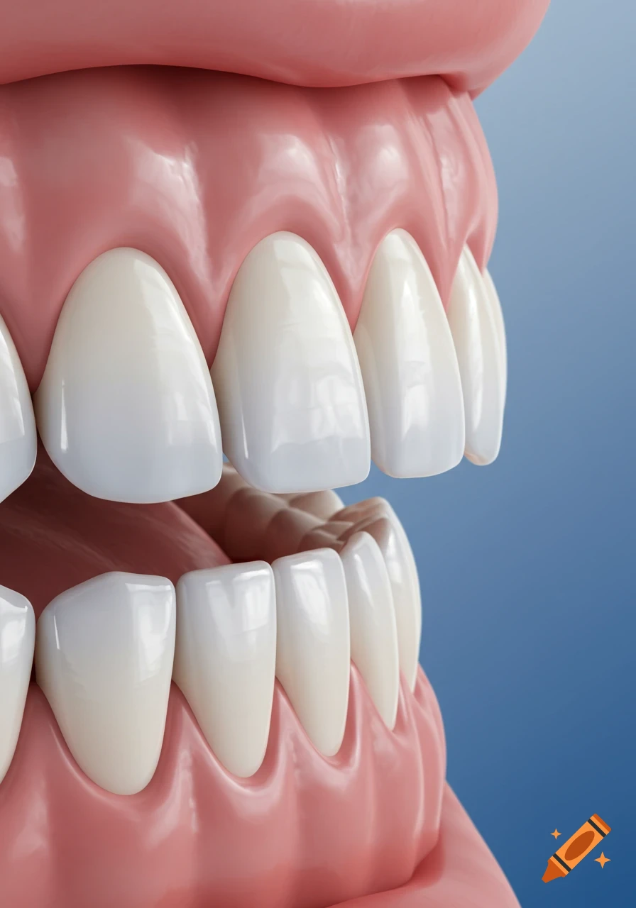 Close-up, side view of perfectly aligned, white human teeth and pink gums against a blue background.