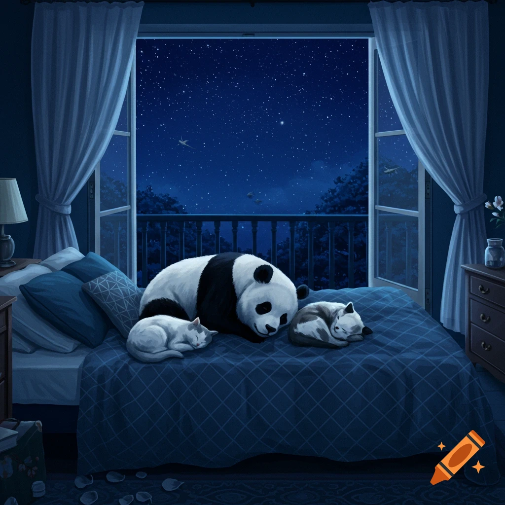 A large panda and two cats sleep on a blue bed in a cozy bedroom with balcony doors open to a starry night sky.