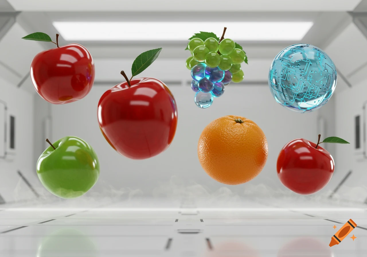 Rendered red apples, green apple, orange, grapes, and a circuit orb floating in a futuristic white room with mist.