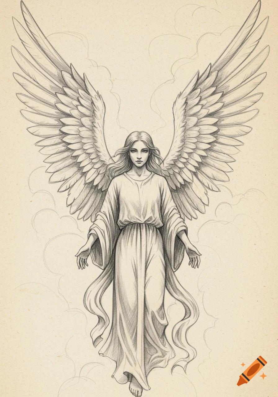 Detailed pencil sketch of a graceful angel with large wings and flowing robes, floating on an aged paper background.