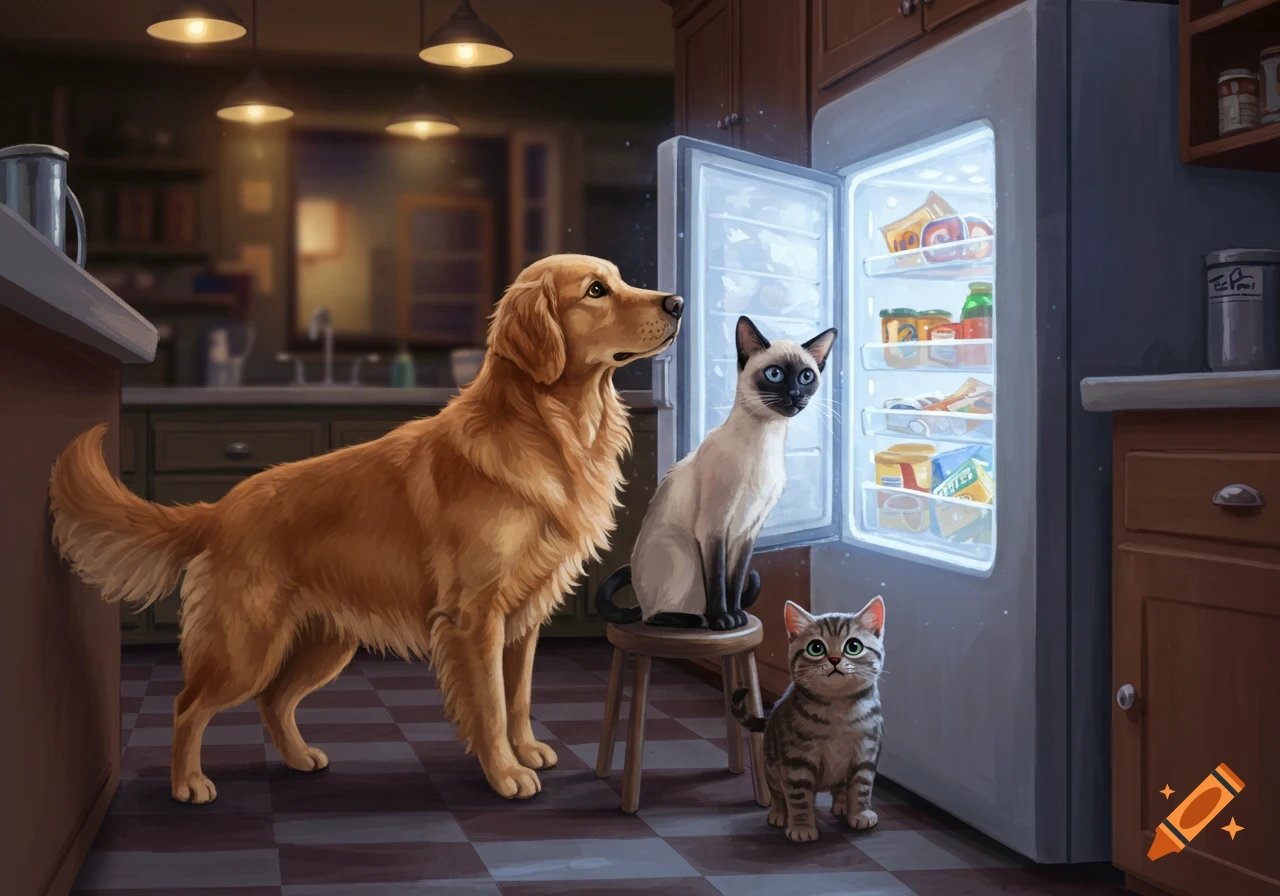 A golden retriever, a Siamese cat, and a tabby kitten gaze into an open, brightly lit refrigerator in a kitchen.