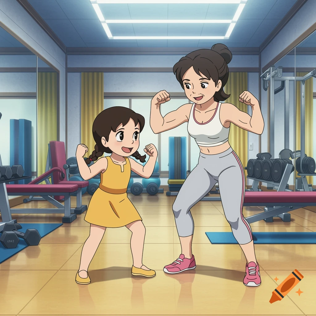 A mother and daughter in anime style flexing their biceps in a gym.