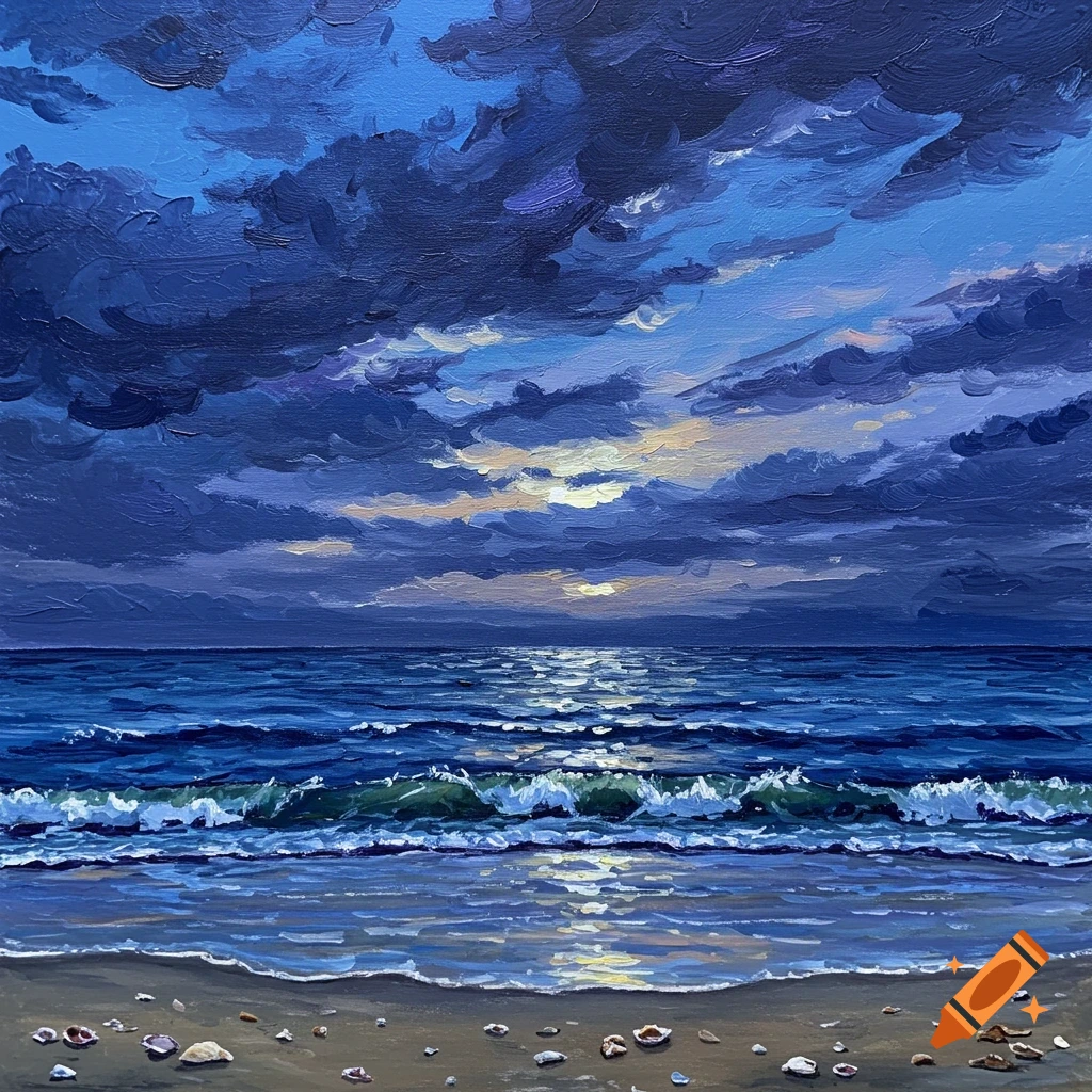 An oil painting of a dark blue and purple sky over a moonlit ocean, with waves crashing on a sandy beach