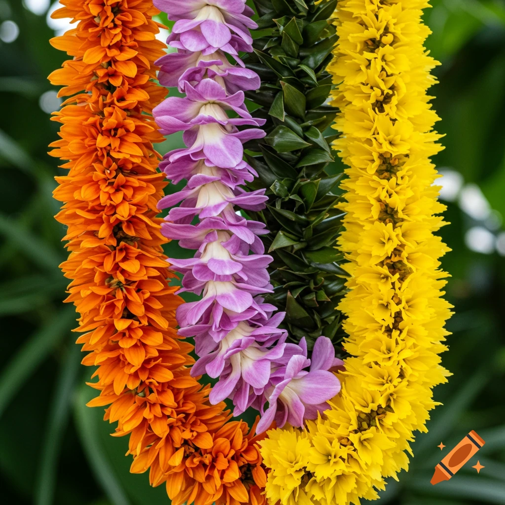 Four colorful flower leis, orange, purple, green, and yellow, hanging against a blurry green background in a photorealistic style.