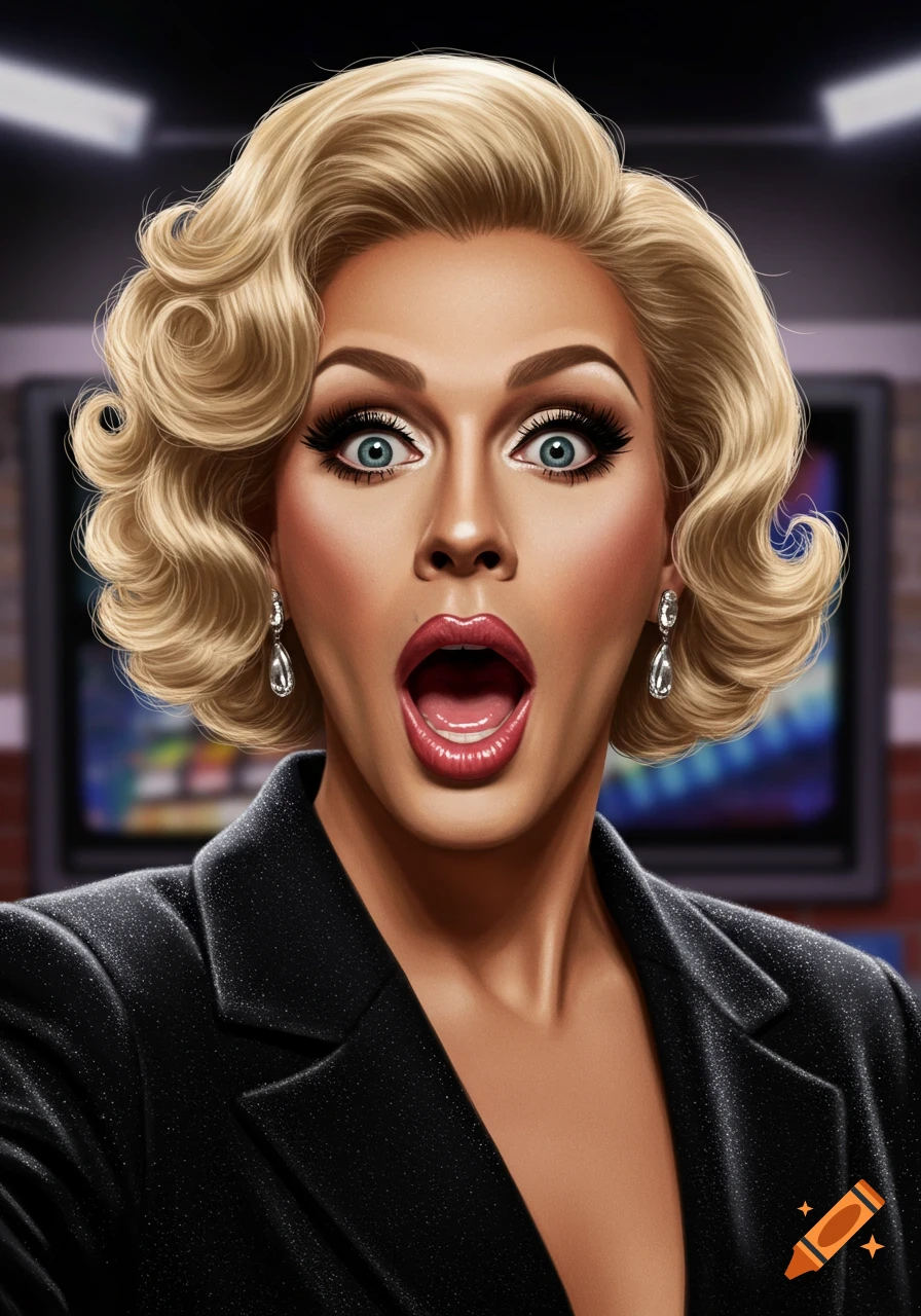A glamorously made-up person with blonde curly hair and a shocked expression wears a black blazer in an illustrative style.