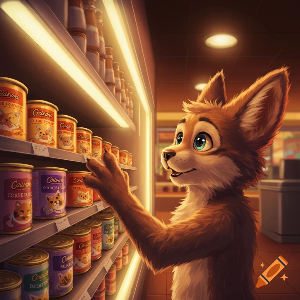 A friendly furry character with big ears and green eyes reaches for a can of cat food on a brightly lit supermarket shelf.