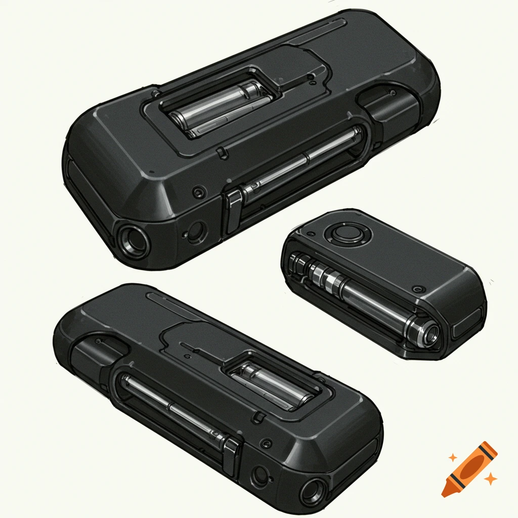 Three black futuristic wrist devices with metallic accents and cartridges, drawn in a concept art style.