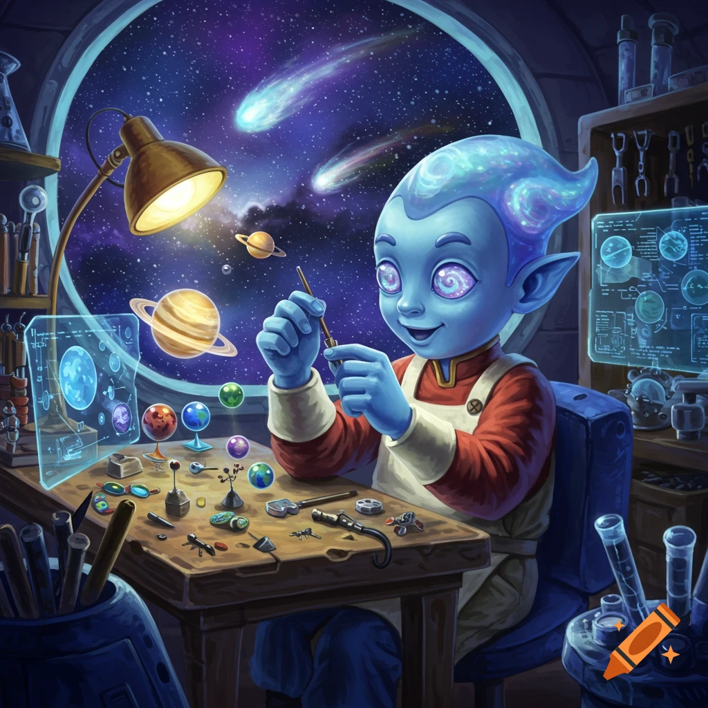 A cute blue alien toy maker in a workshop crafting miniature planets, with a large window showing a starry space view.
