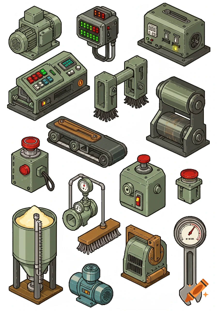 A collection of pixel art industrial components, including motors, control panels, conveyor belts, gauges, buttons, and tools, on a white background.
