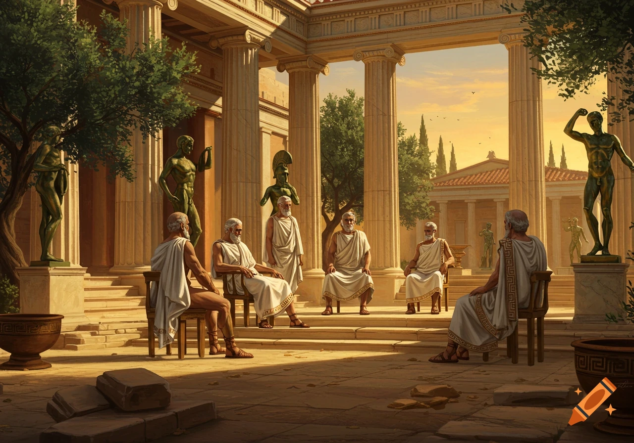 Ancient Greek elders in white togas sit and converse in a classical courtyard with columns and statues, under a golden sunset.