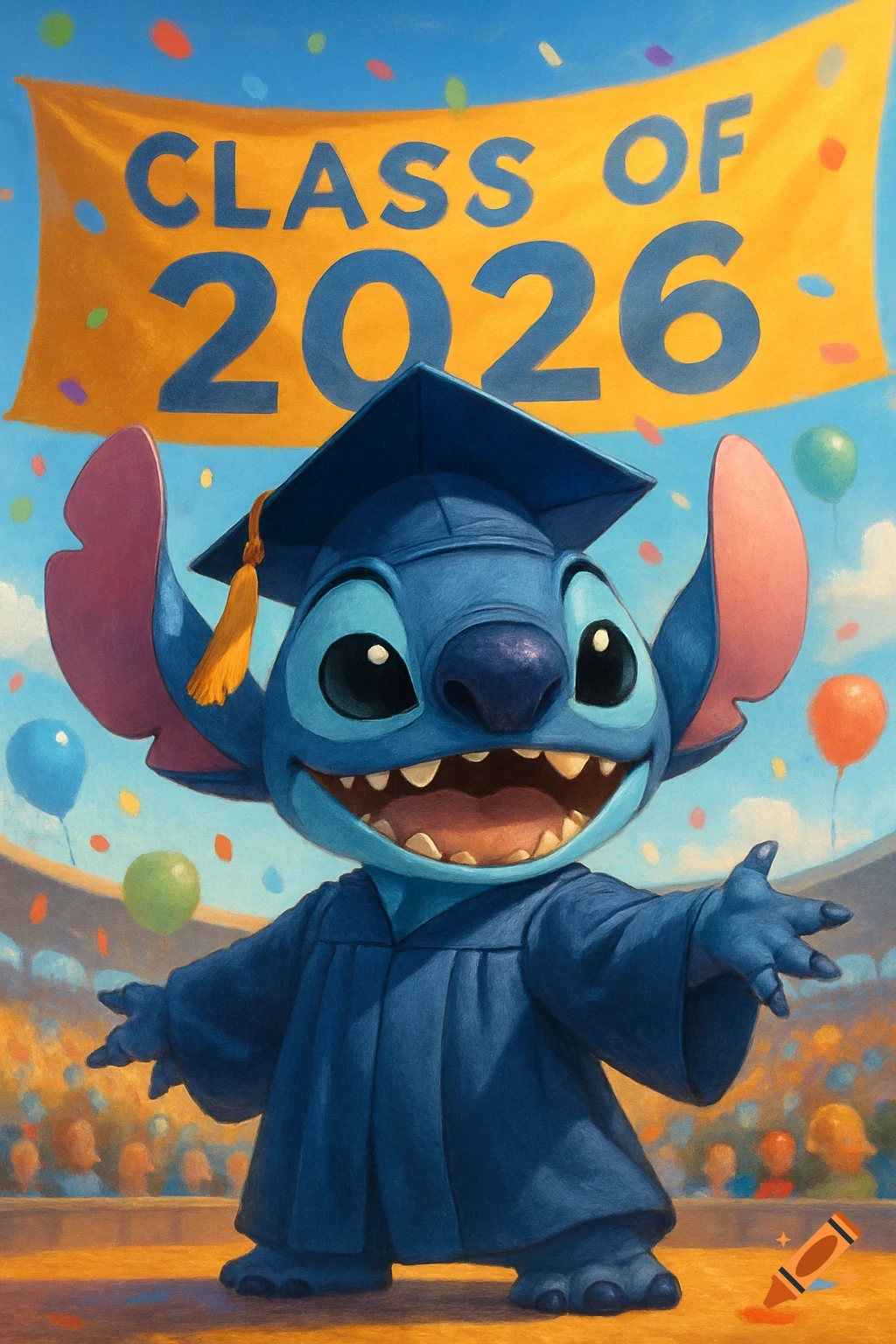 Lilo & Stitch character, Stitch, in a blue graduation cap and gown, smiling widely under a yellow 'CLASS OF 2026' banner with confetti and balloons.