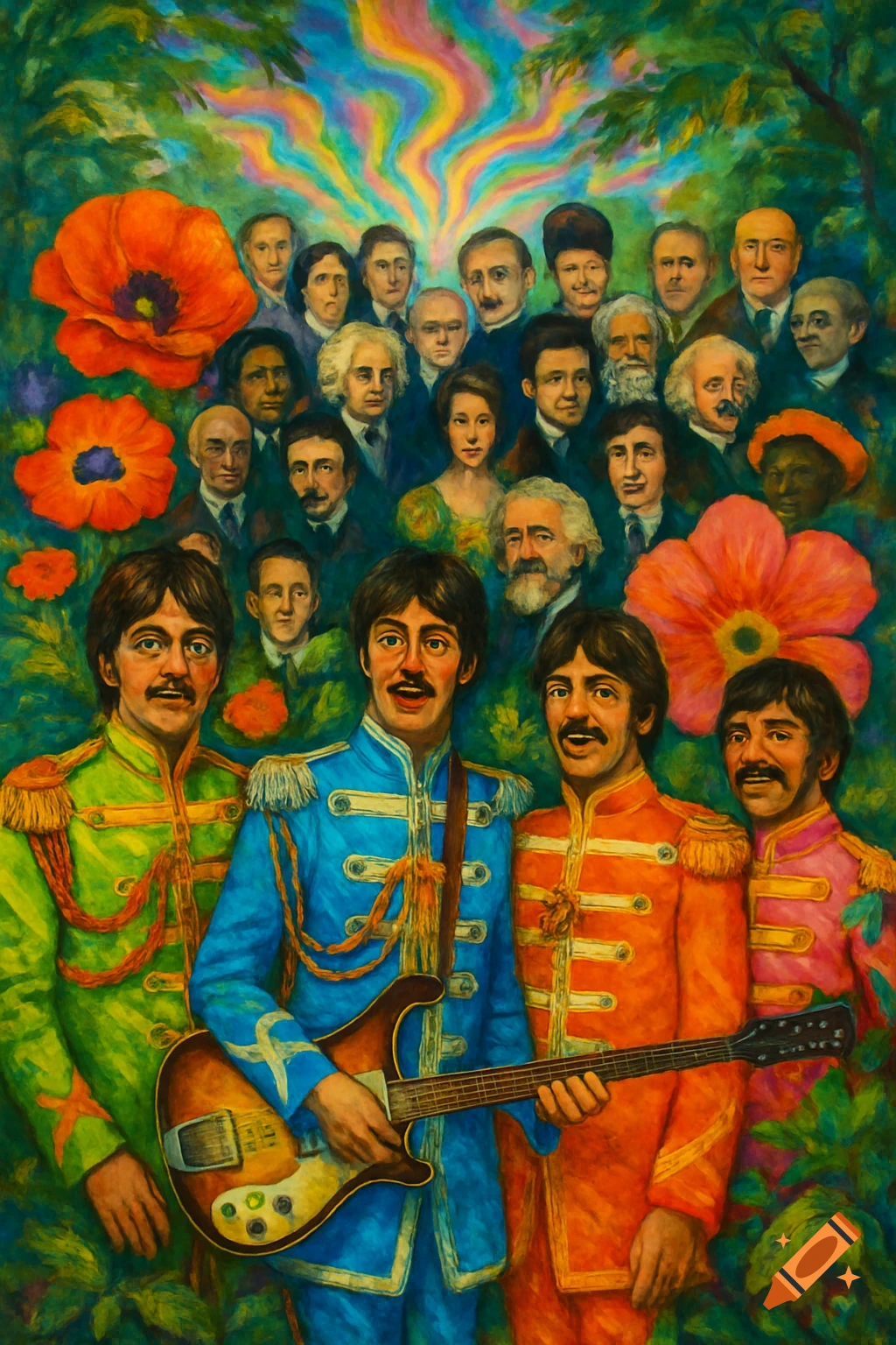 A psychedelic, painterly illustration of four men in colorful military-style jackets, one holding a guitar, standing in front of a crowd of people and large red flowers under a rainbow sky.