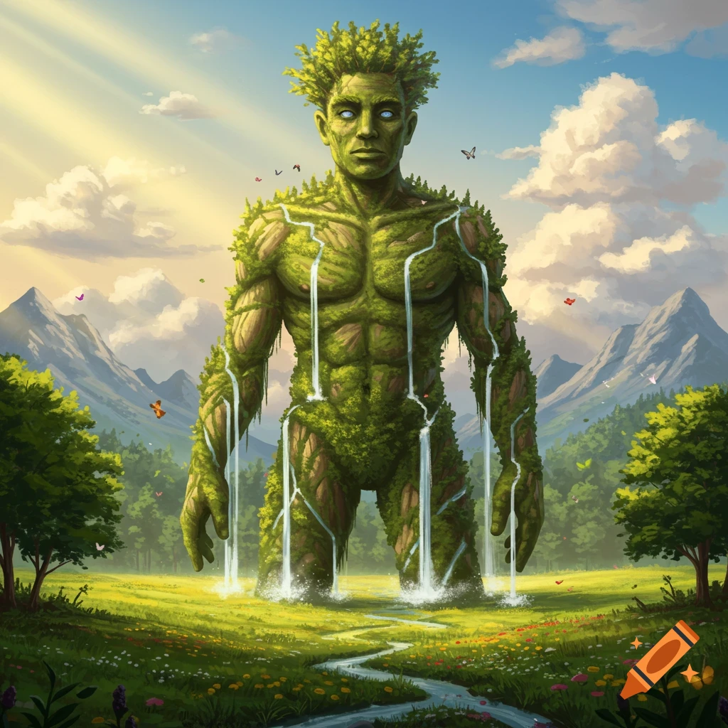 A colossal nature-man, covered in green moss and trees with waterfalls, stands in a vibrant valley with mountains and a winding river.