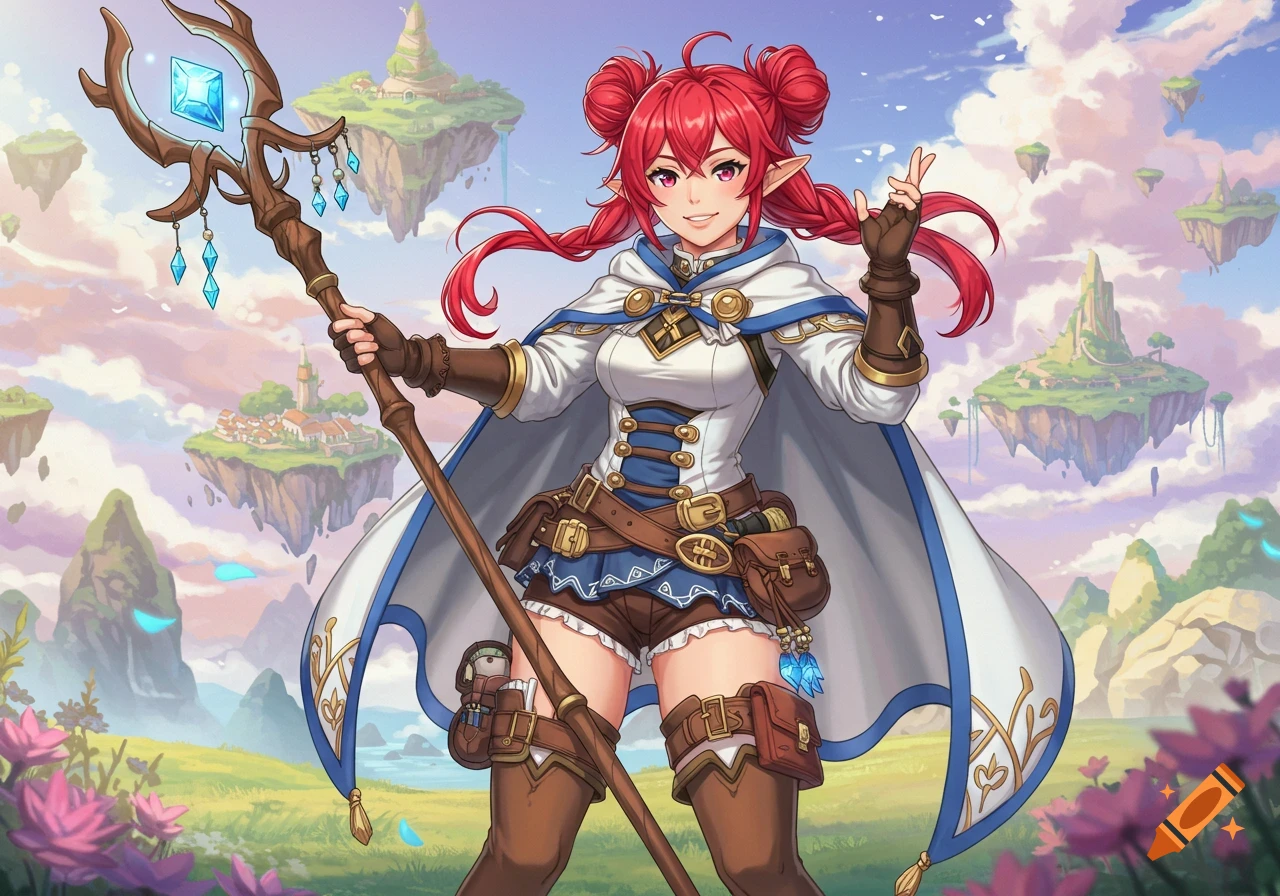 An anime-style elf woman with red hair and a staff stands in a fantasy landscape of floating islands.
