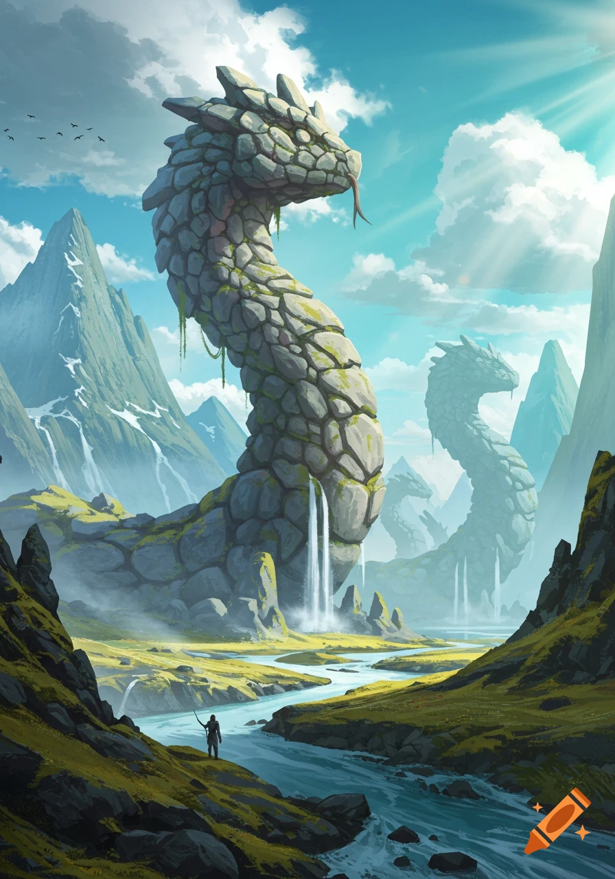A majestic fantasy landscape featuring colossal rock serpent structures with waterfalls, a winding river, distant mountains, and a small figure.