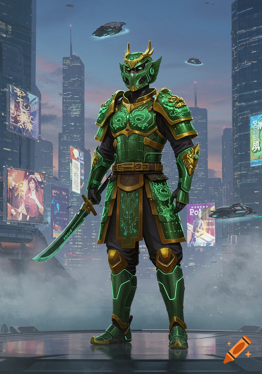 A futuristic samurai in green and gold armor with a glowing katana stands in a cyberpunk city.