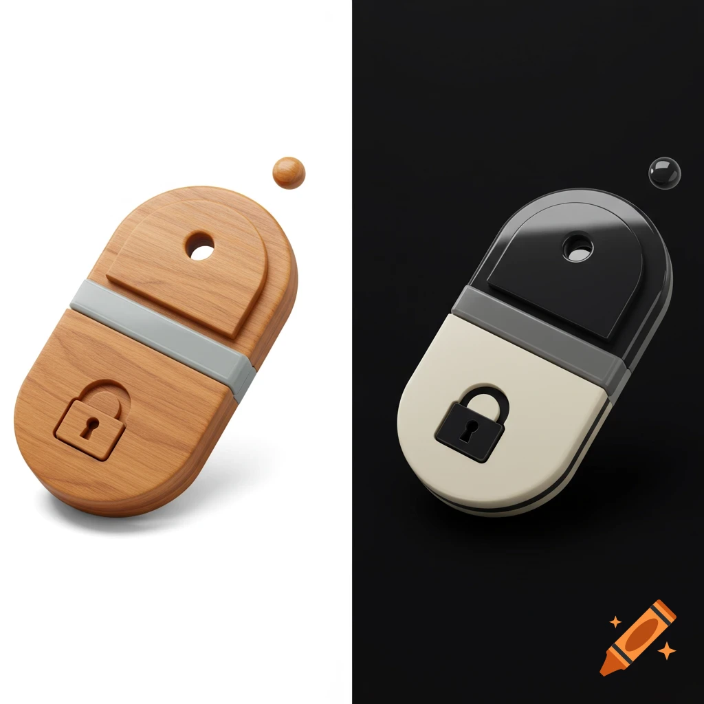 Two 3D rendered security tags with padlock symbols on split white and black backgrounds, featuring wood, acrylic, and plastic textures.