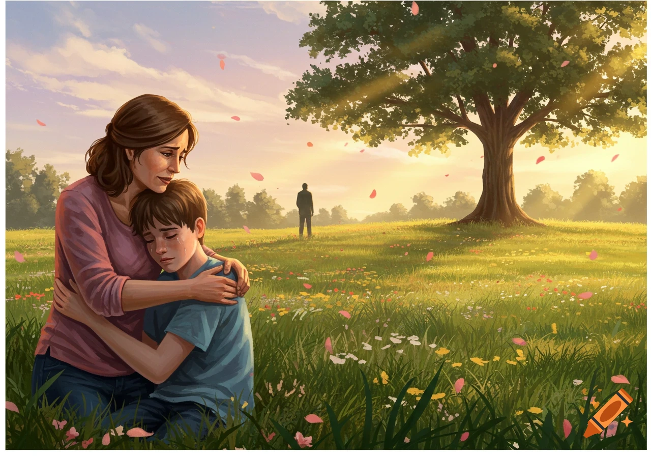 A digital painting of a mother comforting her crying son in a flowery meadow, while a dejected father stands in the distance.