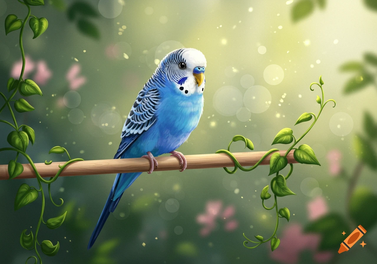 A vibrant blue budgie perches on a wooden branch with green vines, against a dreamy, sparkling green and yellow bokeh background. Illustrated.
