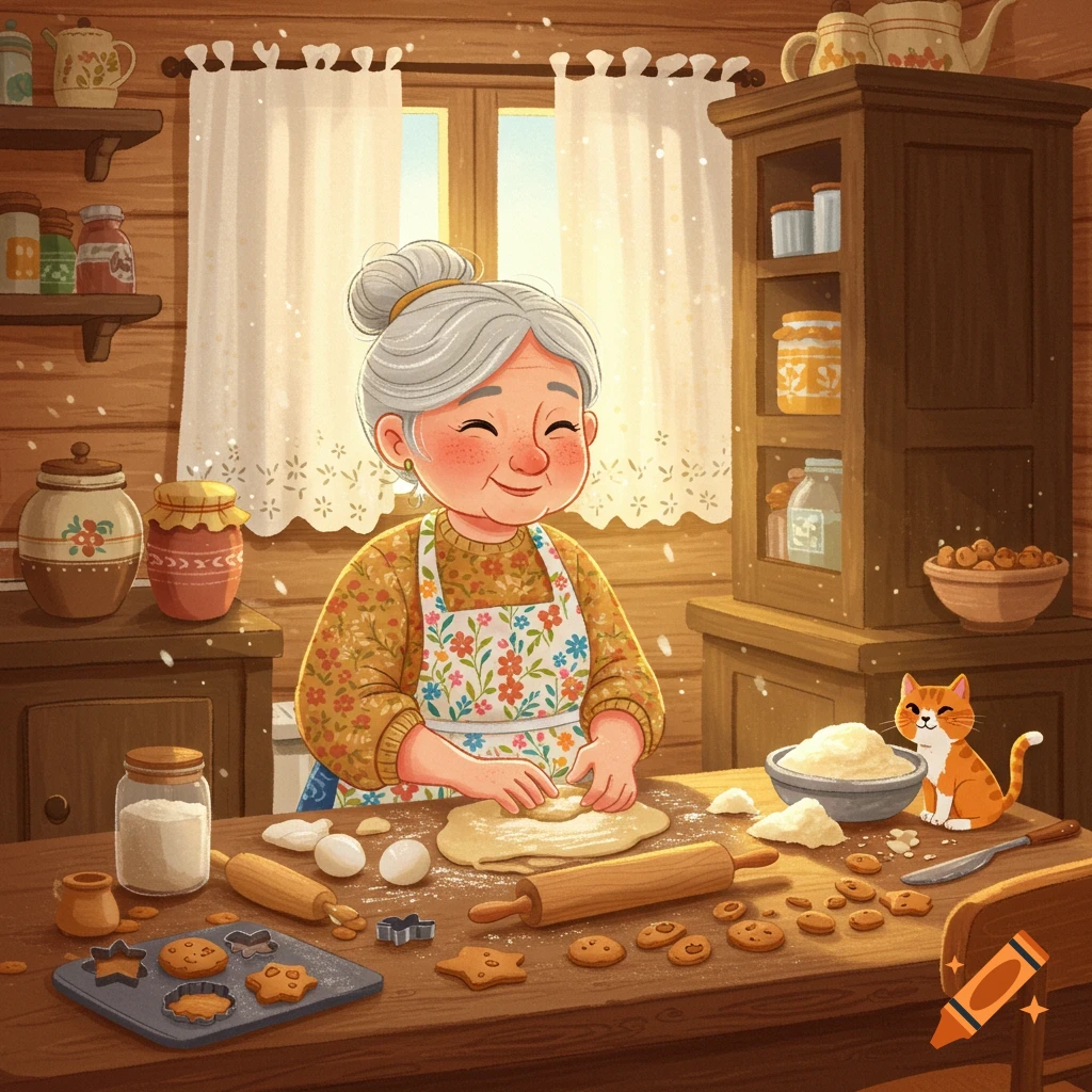 A charming cartoon of an old lady and an orange cat baking cookies together in a warm, rustic kitchen.