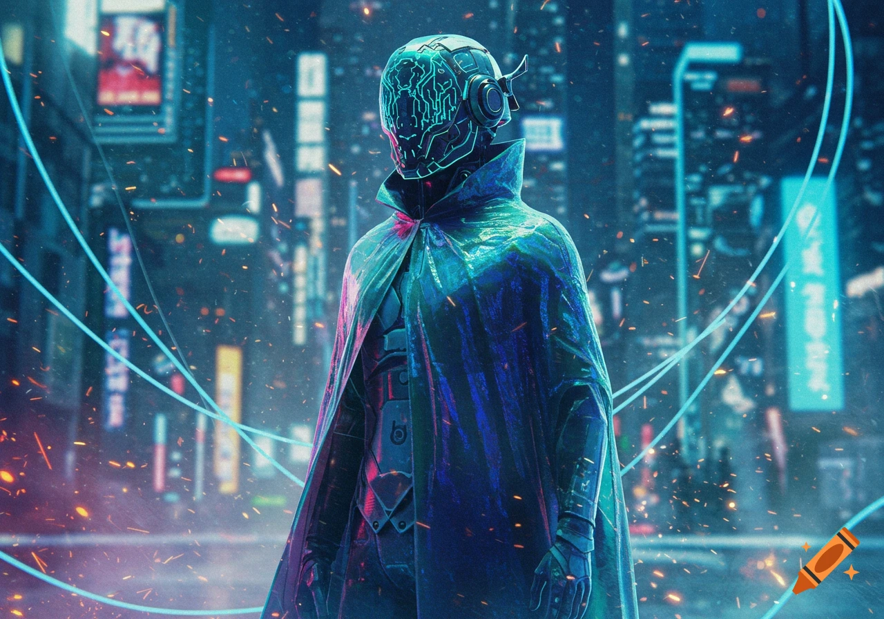 A futuristic figure in a glowing helmet and cape stands in a neon-lit cyberpunk city at night, with digital particles and blue light streams.